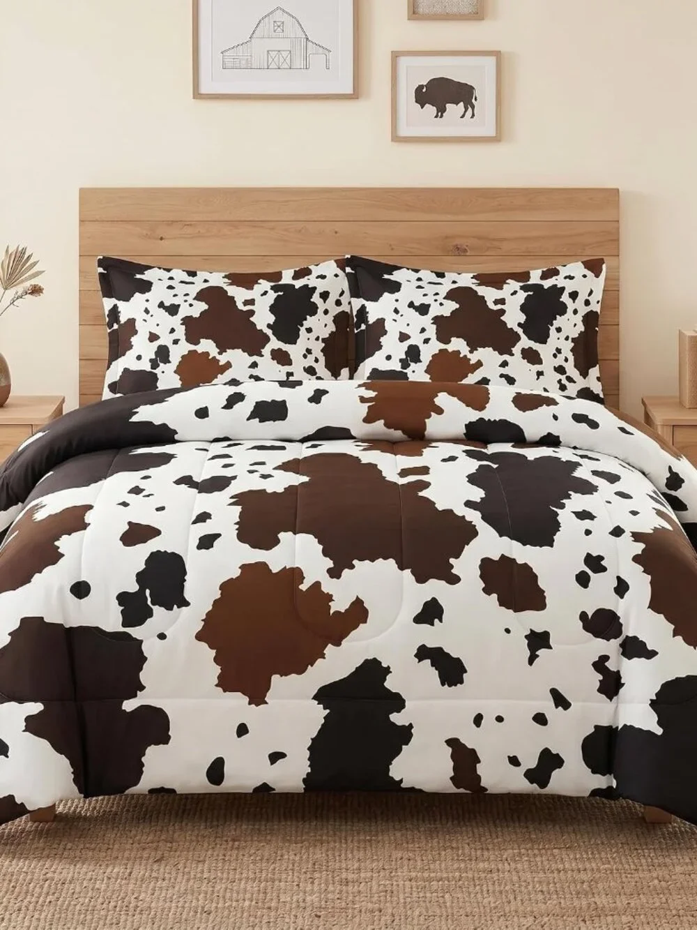 Queen Comforter Set, 3 Pieces Cowhide Cow Bedding, All Season | Western Farmhous